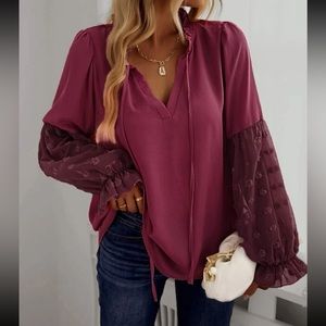 Boho Redwood Swiss dot sleeve tie neck blouse
